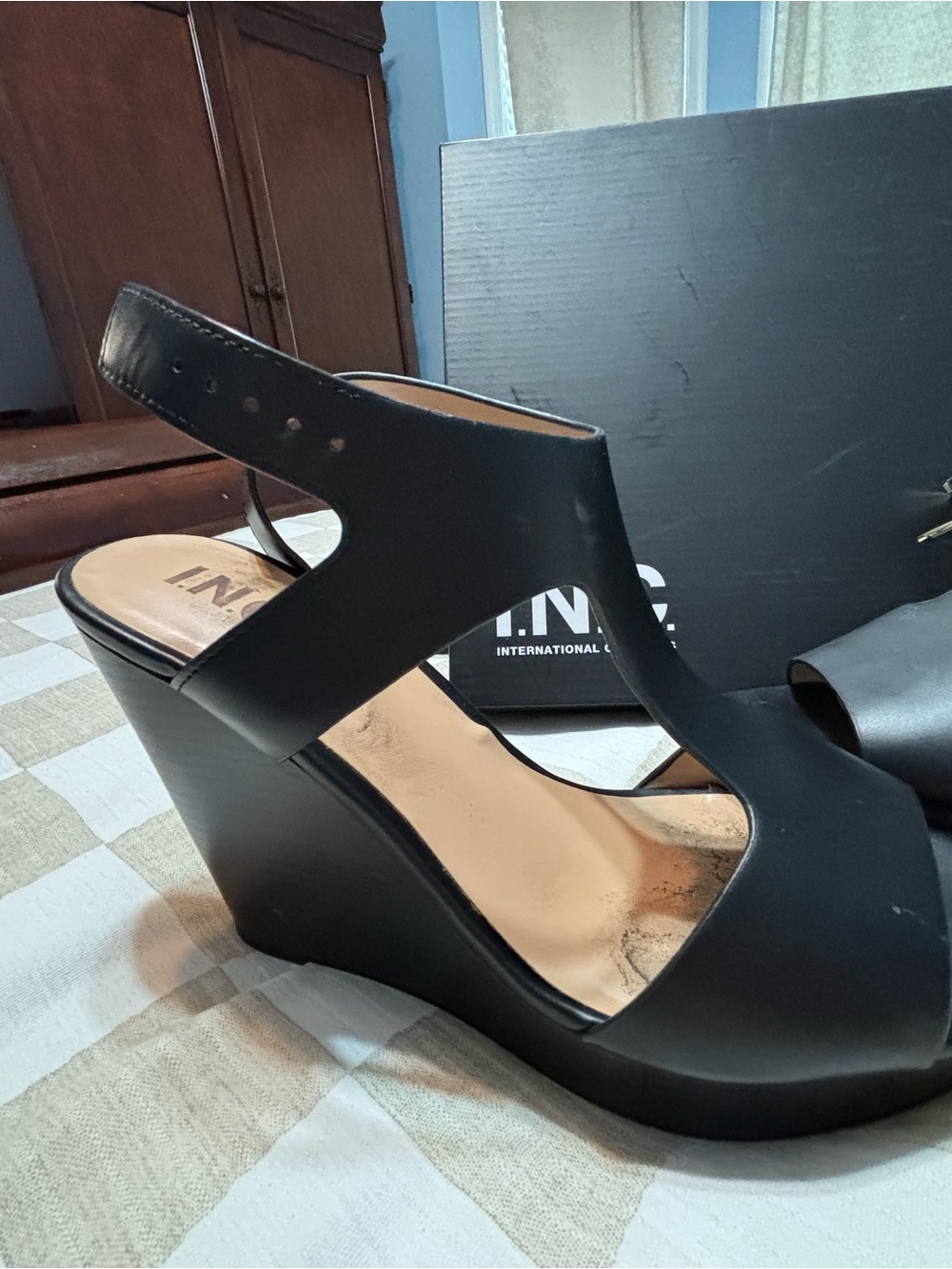 INC International Concepts Black Open-Toe Wedge Sandals